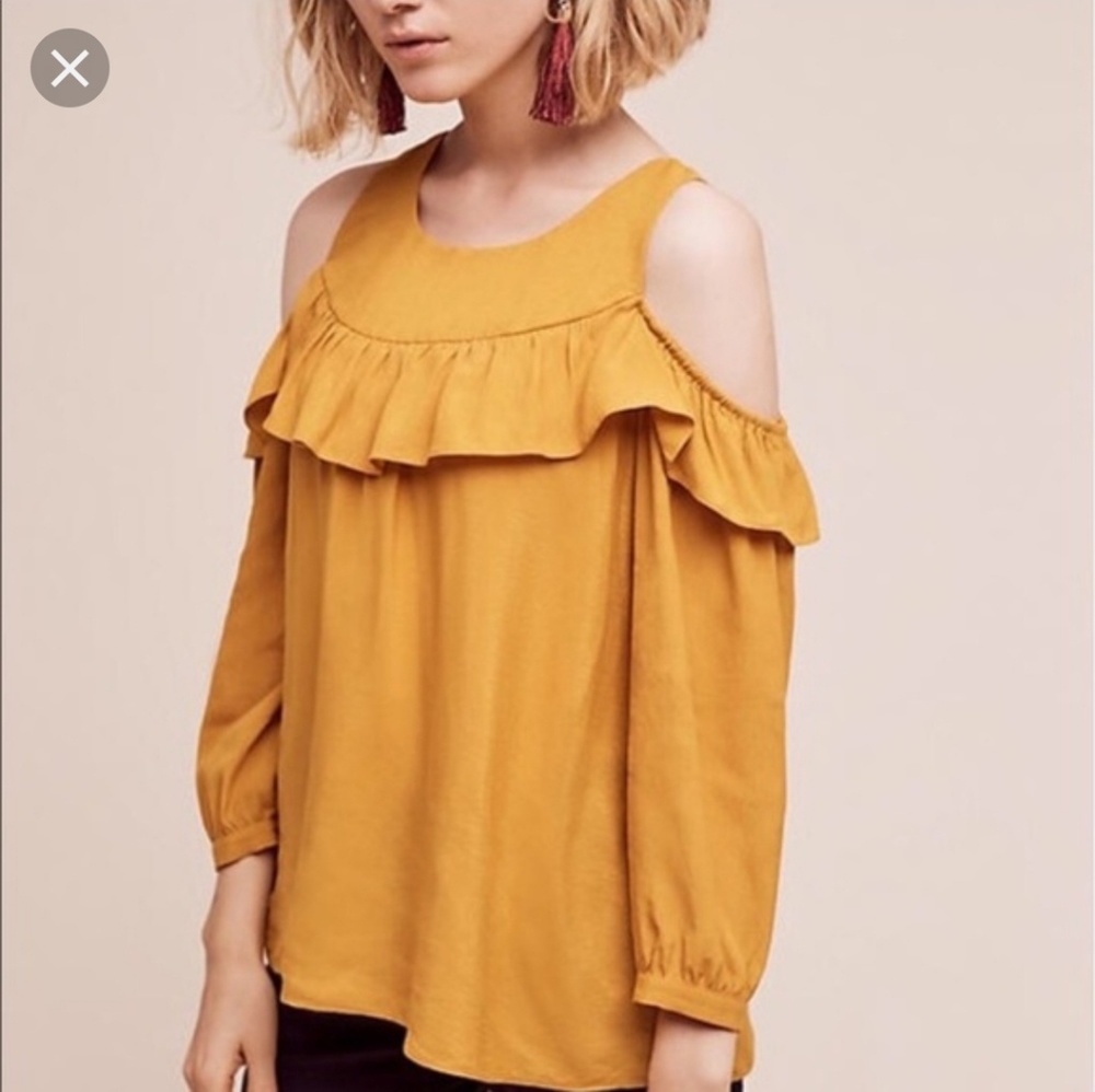 Anthropologie Cold Shoulder Ruffle Top, Yellow